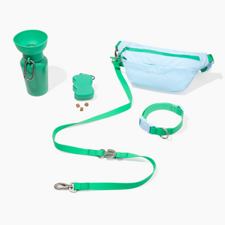 Complete Hands-Free Walk Set flat lay with water bottle, treat dispenser, walking bag, leash and collar Sky Blue