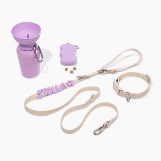 Complete Walk Set flat lay with water bottle, treat dispenser, leash and collar with name charms Oat