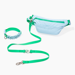 Hands-Free Walk Set flat lay with walking bag, leash and collar with name charms Sky Blue