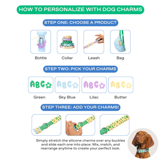 Three-step infographic showing how to personalize dog accessories with silicone letter charms in four colors