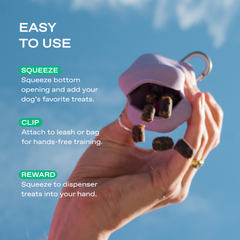 Hand squeezing lilac treat dispenser against blue sky, showing squeeze, clip, and reward steps for dog training