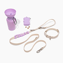 Lilac dog walk set with water bottle, treat dispenser, personalized collar, leash, and matching accessories