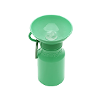 Green portable dog water bottle with flip-up drinking bowl and carabiner clip